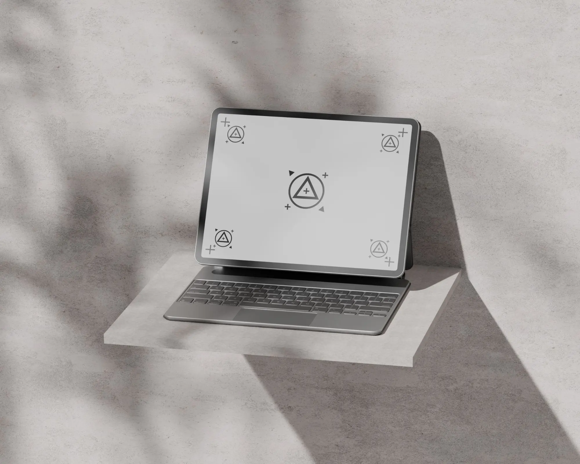 Gray tablet with keyboard and warning symbols on its screen.